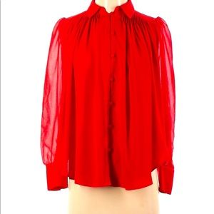 Amaryllis Tomato Button Front Pleated Slit Blouse